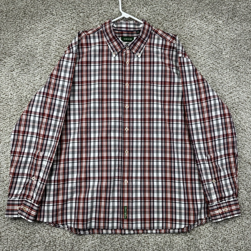 Orvis Active Fit Shirt Men's XXL 2XL Button Down Cotton Lightweight Red Plaid